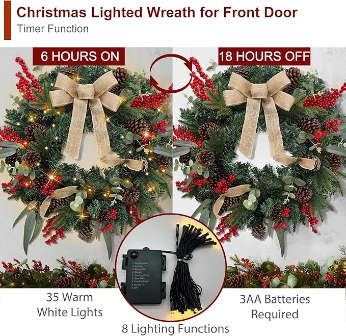 Christmas Lighted Wreath for Front Door, 28 Inches Pre-Lit 35 LED Lights, Natural Pine Cones Artificial Holiday Wreath for Indoor Outdoor Home Decorations