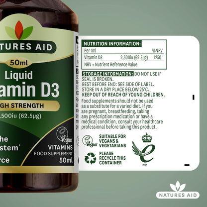 Natures Aid Vitamin D3 Liquid 2500iu 50ml – High Strength Cholecalciferol Vit D Drops – Bone & Immune Support – Vegan, Non-GMO, Gluten-Free – Natural Supplement Includes Dropper