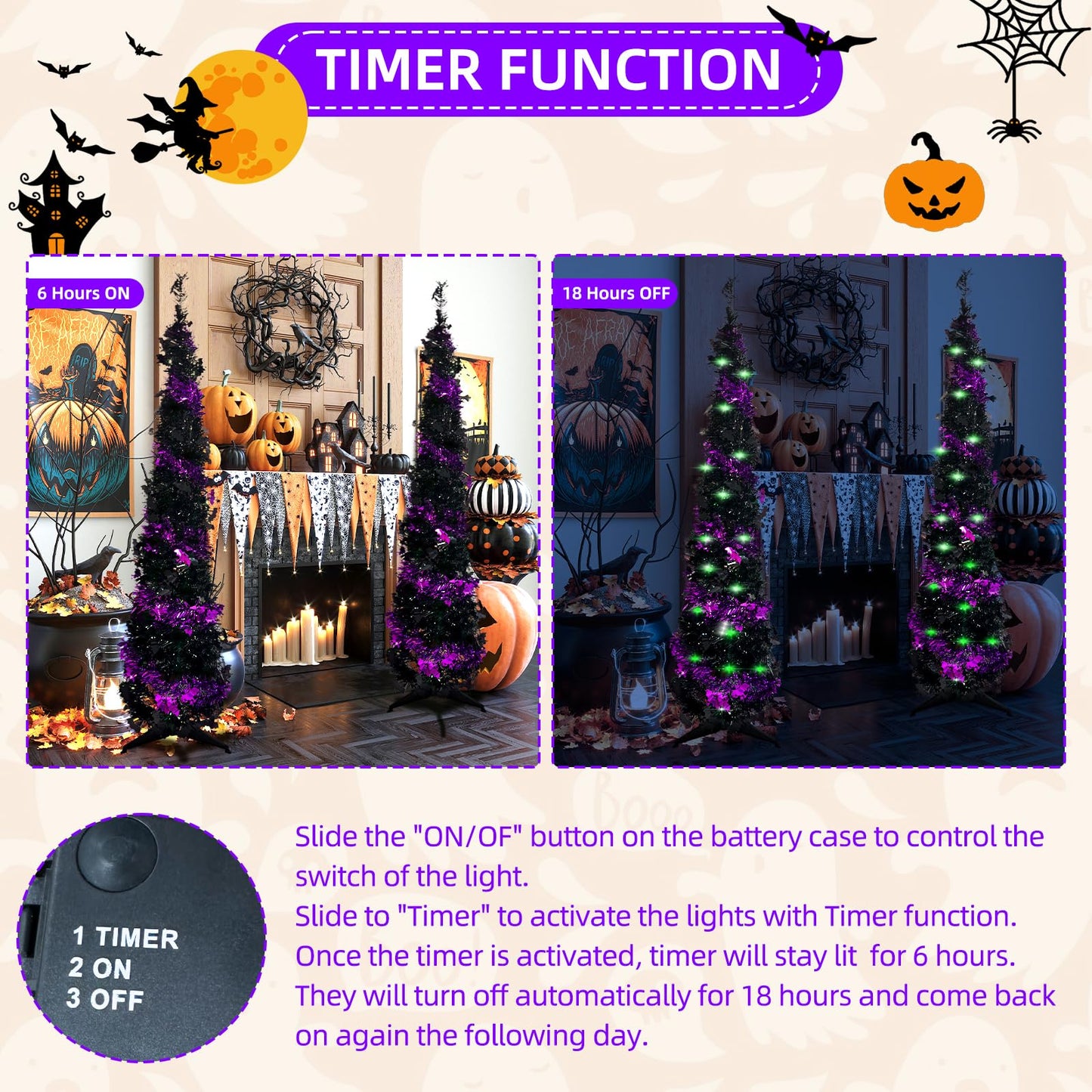 Pop up Christmas Tree for Indoor Decoration,5FT Pre-lit Mini Halloween Tree with 60 Lights,Black Artificial Pencil Tree Collapsible Tinsel Lighted up Christmas Tree