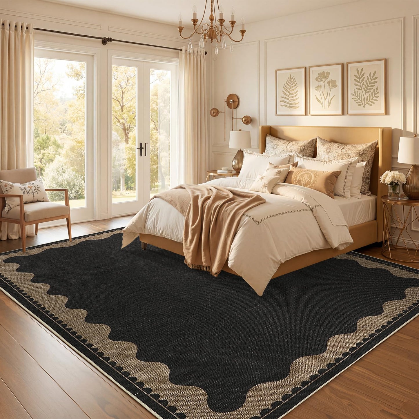 Garvee 8x10 Scalloped Easy Jute Area Rugs for Living Room, Modern Border Washable Outdoor Patio Rug with Non Slip Backing, Non Shedding Stain Resistant Mats for Bedroom, Dining Room, Porch, Black