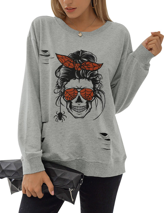Blooming Jelly Women's Halloween Sweatshirts Skull Graphic T Shirts Long Sleeve Pullover Gothic Fall Trendy Outfits 2024 (Large, Gray-Spider)