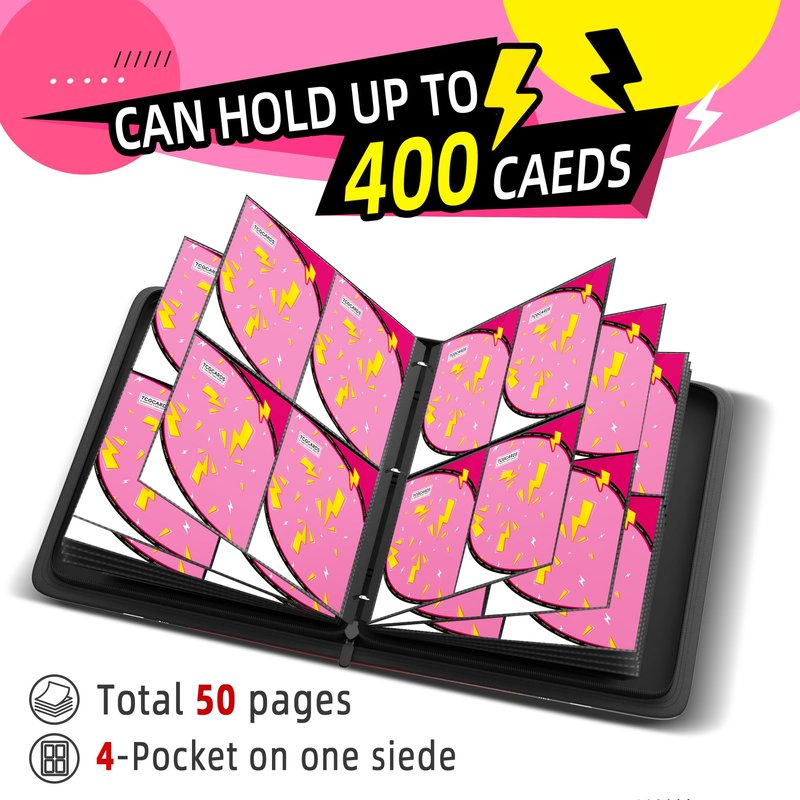 Trading Card Binder 4 Pocket,400 Pocket Card Collection Binder with 50 Removable Sleeves,PU Waterproof Top Card Book,3-Ring Zipper Collectible Trading Card Album for MTG/TCG/Card Holder Gift（Pink）