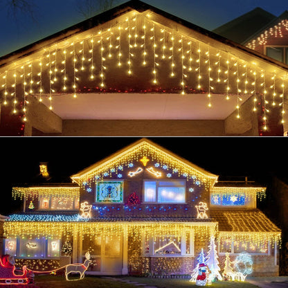 Janchs 304 LED Solar Christmas Icicle Lights Outdoor Decorations, 8 Modes Waterproof Icicle Fairy Lights for Outside Holiday, Patio, Balcony, Christmas, Window, House Eaves Decorations, Warm White