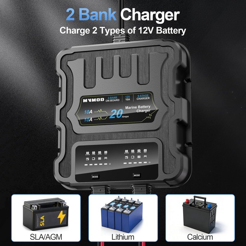 MVMOD 2 Bank Marine Battery Charger, 20A (10A/Bank) 12V IP68 Waterproof Lithium Onboard Battery Charger for SLA/AGM, Lithium(LiFePO4), Calcium Batteries