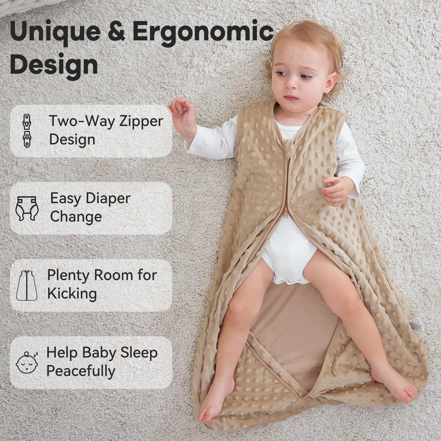 Unnivoll Baby Sleeping Bag 1.5 Tog with Plush Dots Sleep Bag 2 Pack Baby Sleep Sack Wearable Blanket for Newborn Infant 0-6 Months Coffee