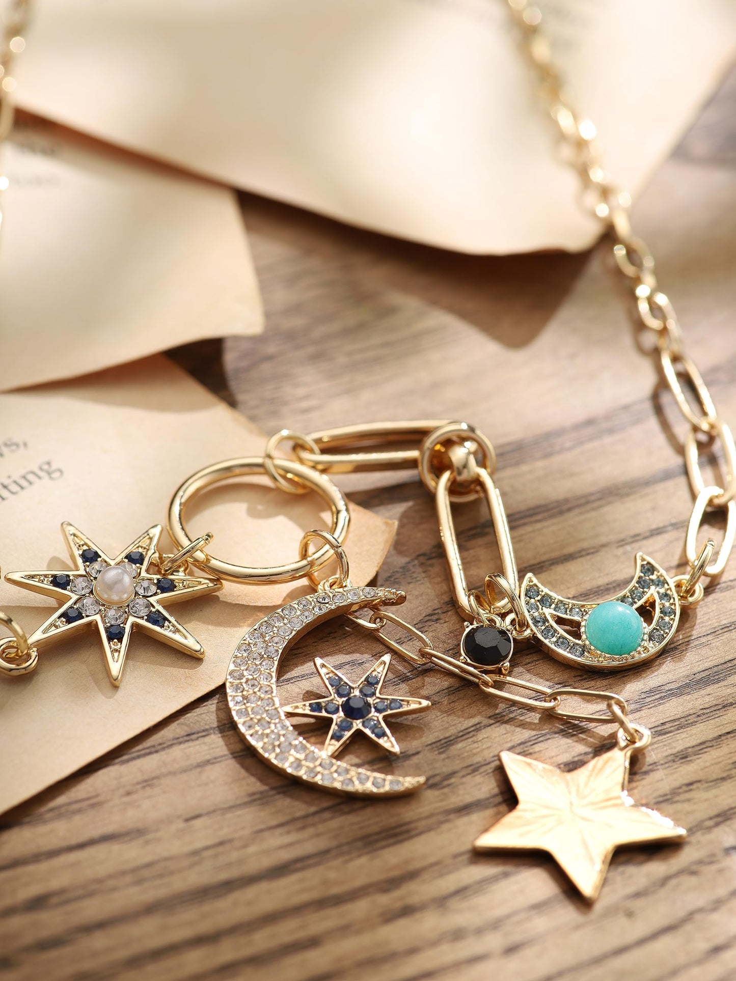Sacina Boho Gold-Tone Moon and Star Necklace, Star Jewelry, Gold-tone Charm Boho Necklace, Christmas Jewelry Gift For Women