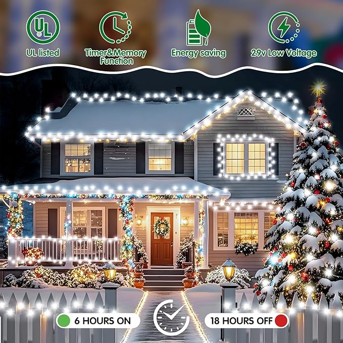Heceltt Christmas Lights Outdoor, 125FT 350 LED String Lights 8 Modes and Timer Memory Function Twinkle Fairy Lights Waterproof Plug in for Xmas Tree Wedding Party Holiday Decor(White)