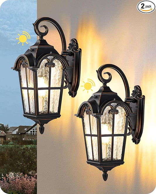 EDISHINE Dusk to Dawn Outdoor Wall Light, Roman Large Size Exterior Lantern Fixtures, E26 Base, Waterproof Porch Lights Wall Mount, Black Outside Wall Sconce, 2 Pack
