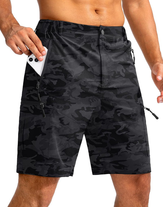 Pudolla Men's Hiking Cargo Shorts 9" Lightweight Outdoor Work Shorts for Men Travel Golf Camping Casual with 5 Zipper Pockets(Black Camo Small)