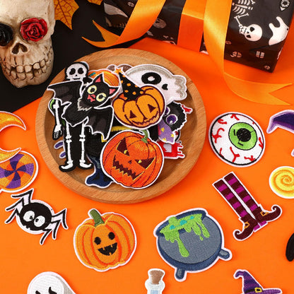 AUGSUN 60pcs Halloween Iron on Patches Random Assorted Halloween Embroidered Sew Applique Repair Patch Cute Skull Pumpkin Ghost Black Cat Witch Bats Patches for Clothing Jacket Dress Backpack Hat