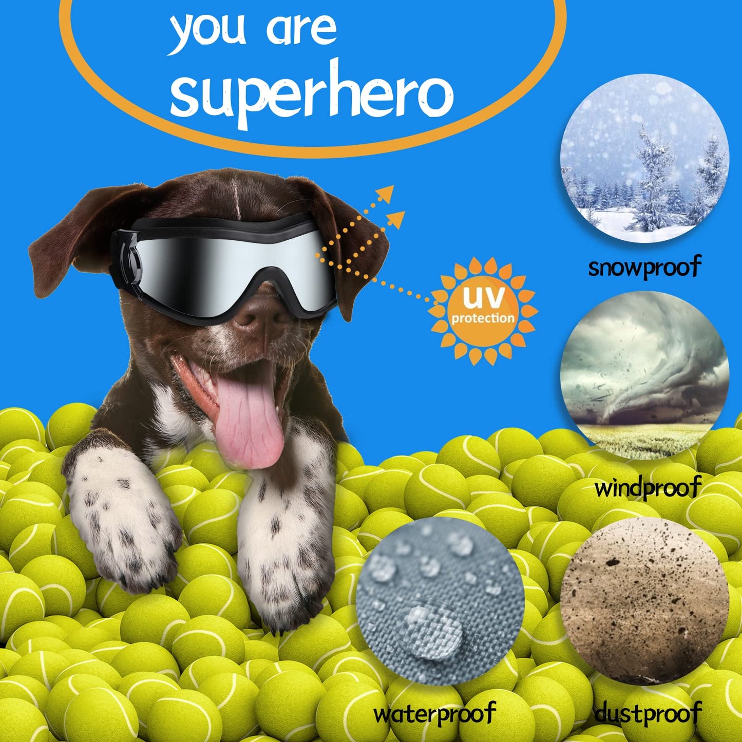 NVTED Dog Sunglasses Dog Goggles, UV Protection Wind Protection Dust Protection Fog Protection Pet Glasses Eye Wear Protection with Adjustable Strap for Medium or Large Dog (Pack of 1)