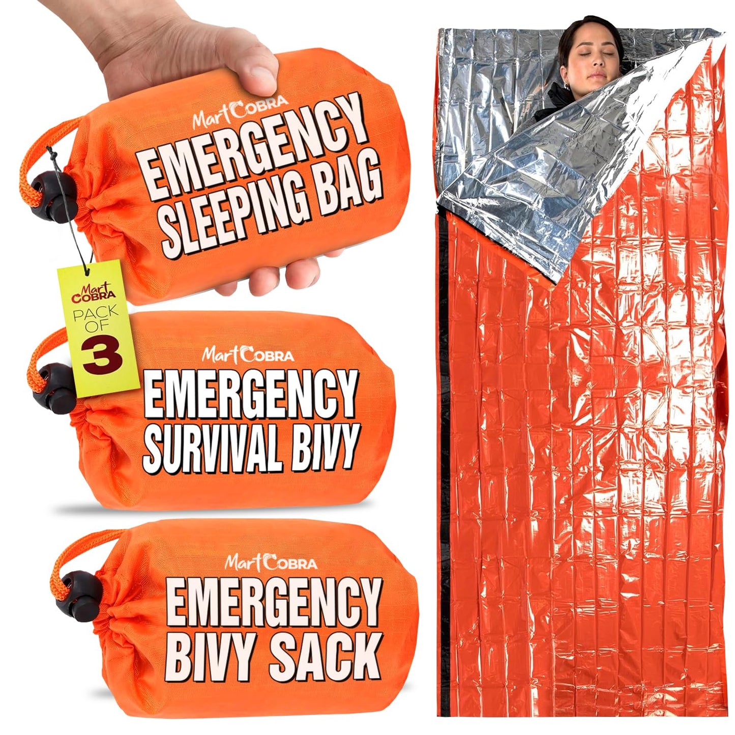 Emergency Sleeping Bag 3 Pack for Survival Gear and Supplies Life Bivy Sack Waterproof Mylar Emergency Blankets for Survival Kit Car Camping Gear Hiking Tac Bivvy Go Bag Supplies Sleep Sacks Shelter