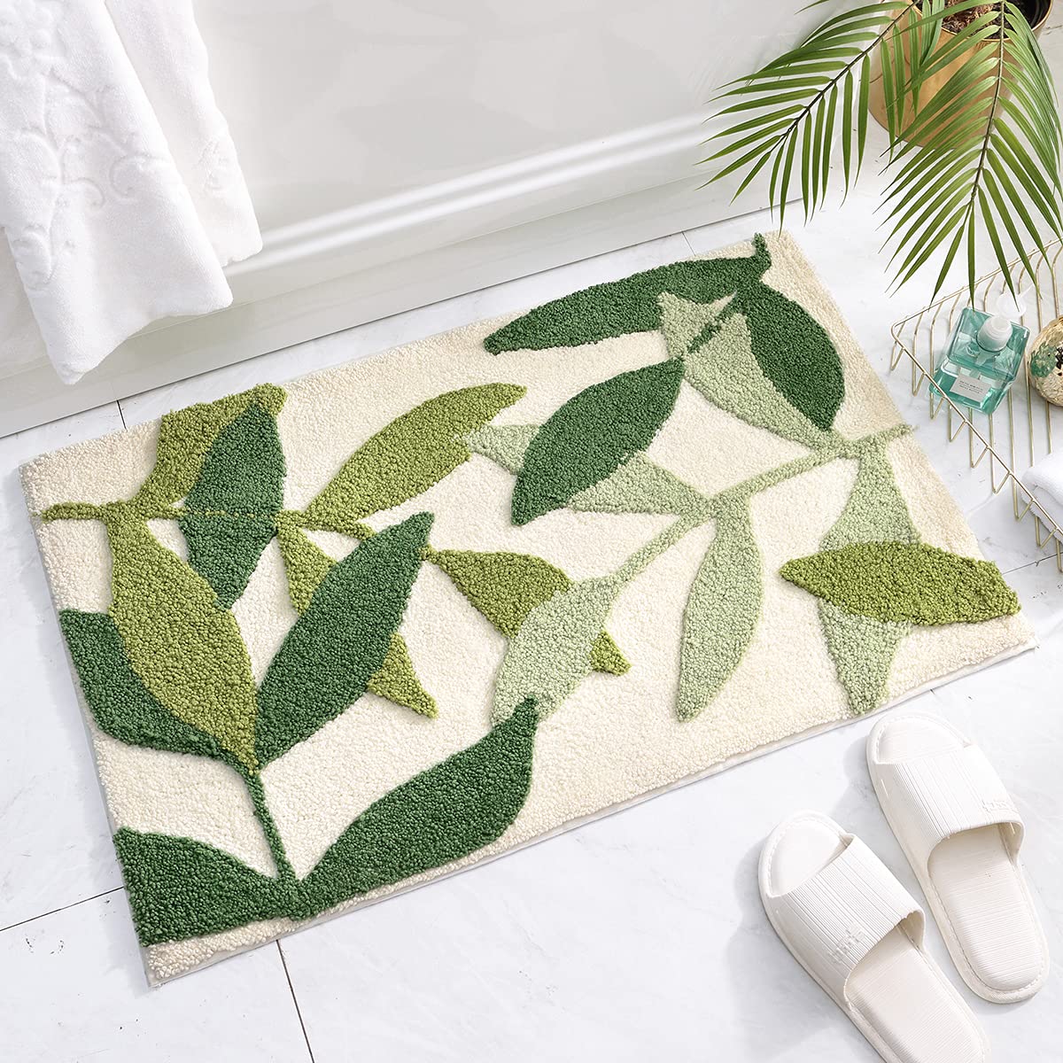 Morbuy Non-Slip Bath Mat, 50 x 80 cm Green Leaf Bathroom Floor Mat Super Soft and Water Absorbent, Machine Washable Microfiber Bathroom Rug for Shower, Bedroom, Kitchen, Doorway