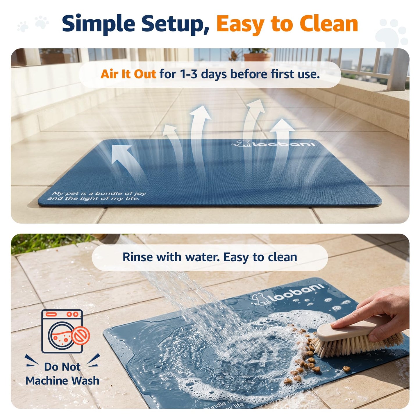 LOOBANI Dog Food Mat for Floors Waterproof 17.3"x17.3"- Absorbent Dog Bowl Mat for Food and Water Bowl, Leakproof Rubber Backing, Dog Feeding Mat for Dog, Cat, Pet (17.3"x17.3", Dark Blue)