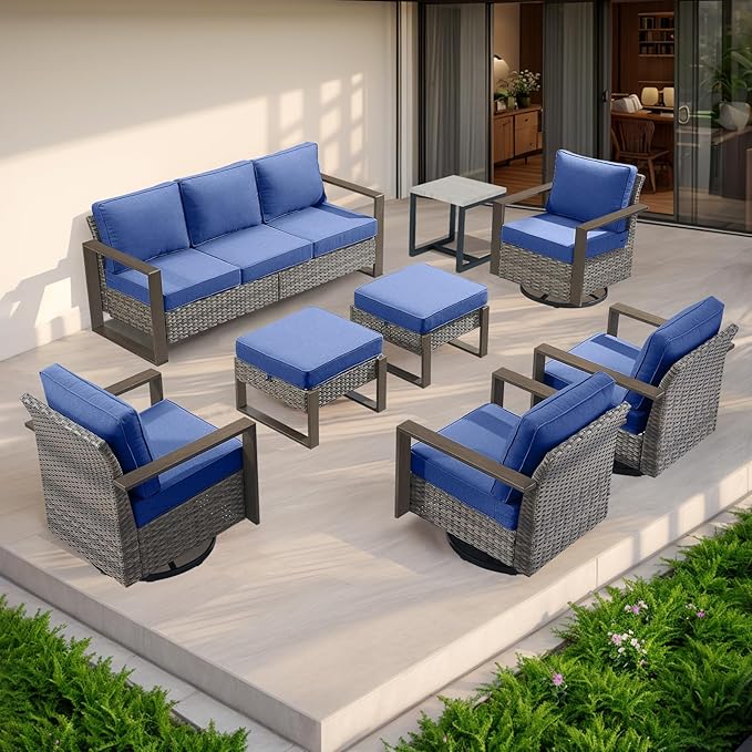 Rilyson Outdoor Wicker Patio Furniture Set - 4 Piece Patio Conversation Set with 2 Wicker Swivel Rocker Chairs,2 Rattan Ottoman, Thick Cushions, Deep Seating, Wide Armrest(Mixed Grey/Blue)