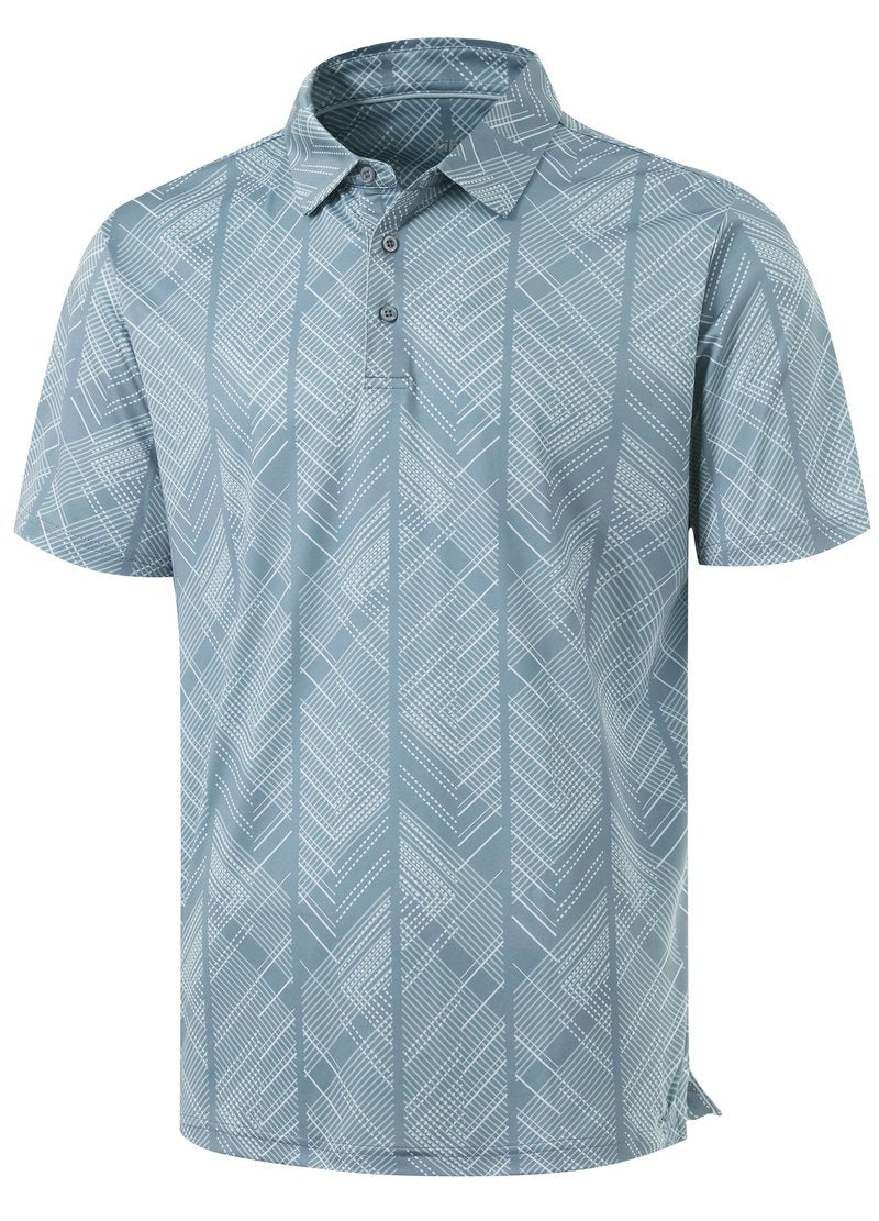 Libin Golf Shirts for Men Short Sleeve Quick Dry Performance Moisture Wicking Print Collared Polo Shirts Casual Business, Blue Green Lines, Large