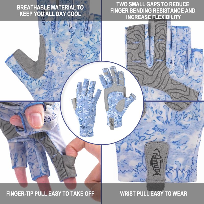 Palmyth UV Protection Fishing Fingerless Gloves UPF50+ Sun Gloves Men Women for Kayaking, Hiking, Paddling, Driving, Canoeing, Rowing（Ice Blue，Large）