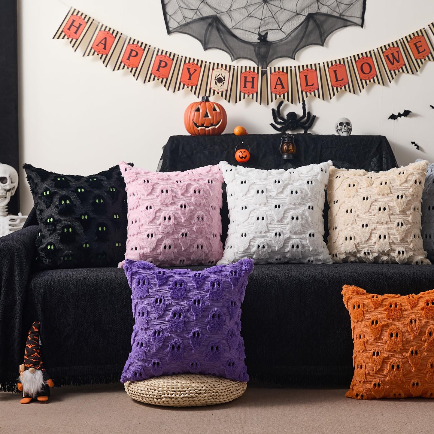 DFXSZ Halloween Pillow Covers 18x18 inch Set of 2 Black Ghost Throw Pillow Cases Soft Plush Faux Fur Wool Couch Cushion Case for Chair Sofa Bedroom Living Room Home Decor PTK03F18