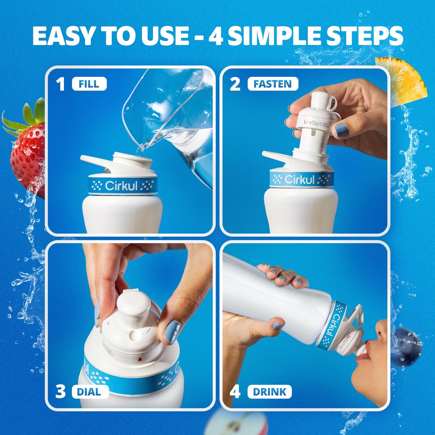 Cirkul 32oz. Blush Pink Stainless Steel Water Bottle Starter Kit with Pink Lid and 2 Flavor Cartridges (1 LifeSip Strawberry, 1 GoSip Passion Fruit Dragon Fruit) No Sugar, Zero Calorie Drink Mix