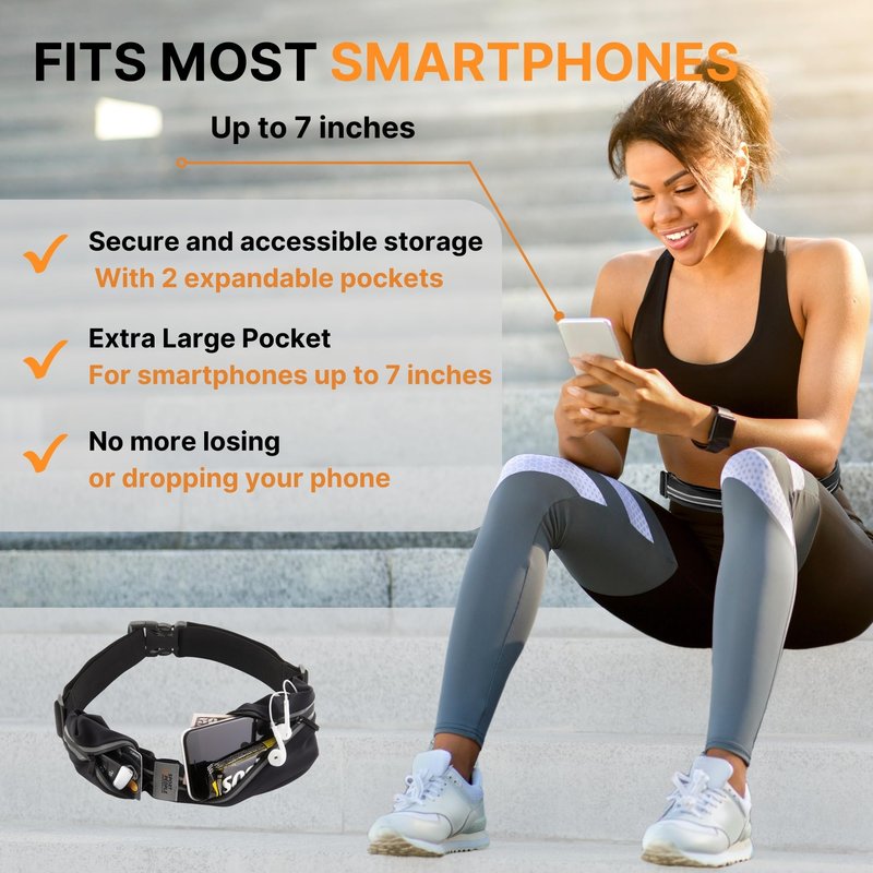 Running Belt for Women and Men, Waterproof Phone Holder for Running, Reflective 2-Pocket Waist Pack for Storing Runner’s Essentials Safely, Running Fanny Pack Fits Most Phones, Adjustable Belt Bag