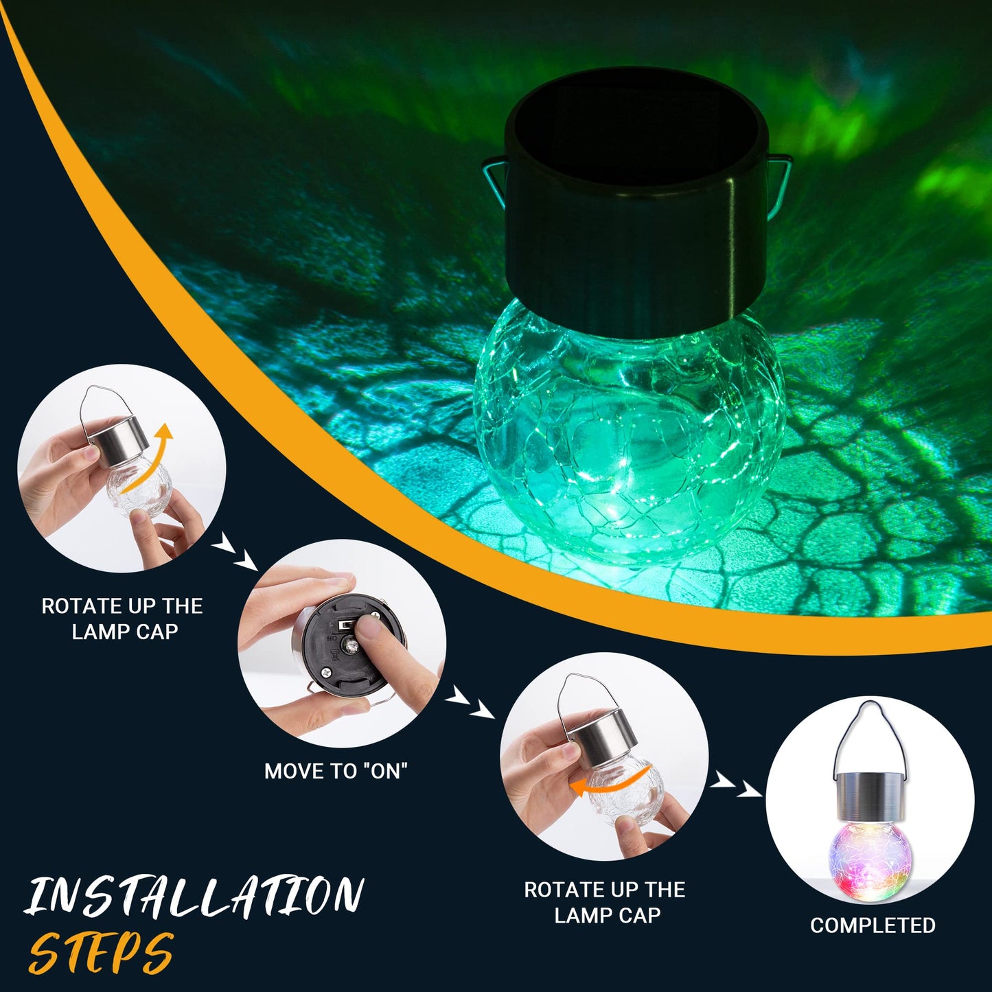 GIGALUMI 8 Pack Solar Hanging Lights: Multi-Color Changing Cracked Glass Hanging Ball Solar Outdoor Lights - Waterproof Lanterns for Garden, Yard, Patio, Lawn