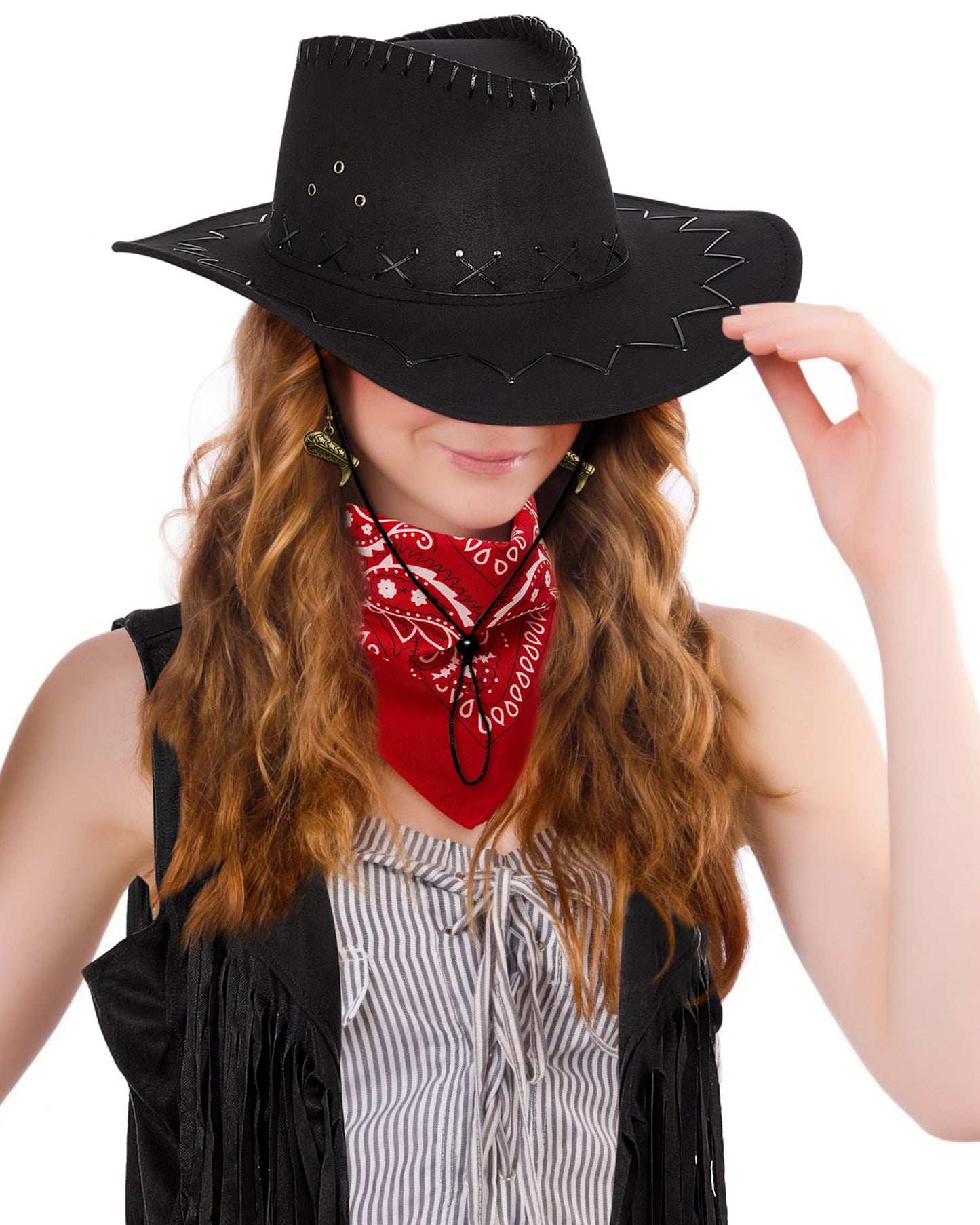 Xtinmee 4 Pcs Halloween Western Cowgirl Outfits Set Women Tassel Vest Cowboy Hat Dangle Drop Earring Paisley Bandana Dress up(3XL,Black)