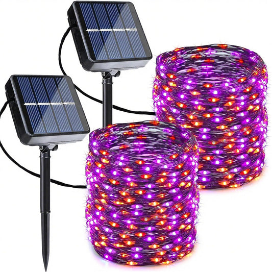 Joomer Orange Purple Halloween Solar String Lights - 2 Pack Total 80FT 240LED Solar Fairy Lights, Waterproof Outdoor Twinkle Lights with 8 Modes for Garden, Porch, Trees, Halloween Decor (Black Wire)