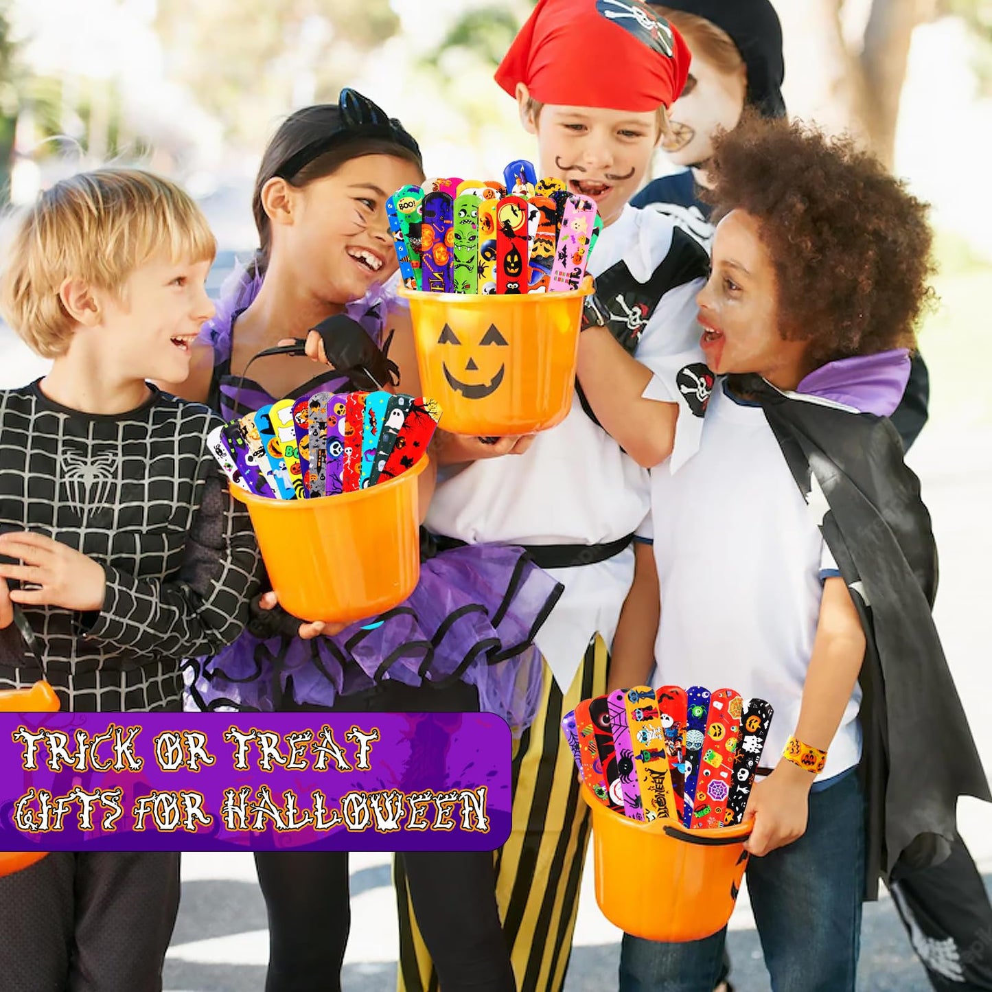 LUYI 144 PCS Halloween Slap Bracelets，Halloween Party Favors Supplies for Kids-108 Different Designs Bracelets Bulk for Halloween Decorations Treat Toys Bag Stuffers Gift for Kids Girls Boys