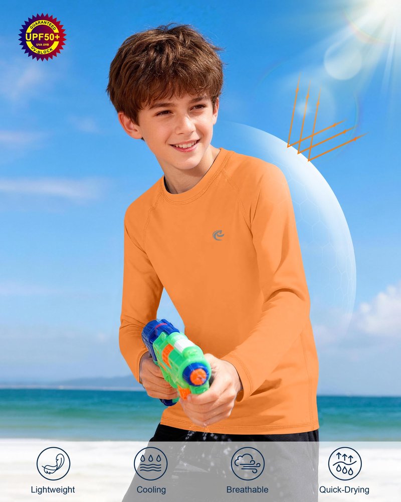 Kids Boys Fishing Sun Shirts, Outdoor Long Sleeve Lightweight UPF 50+ Running Rash Guard Shirt