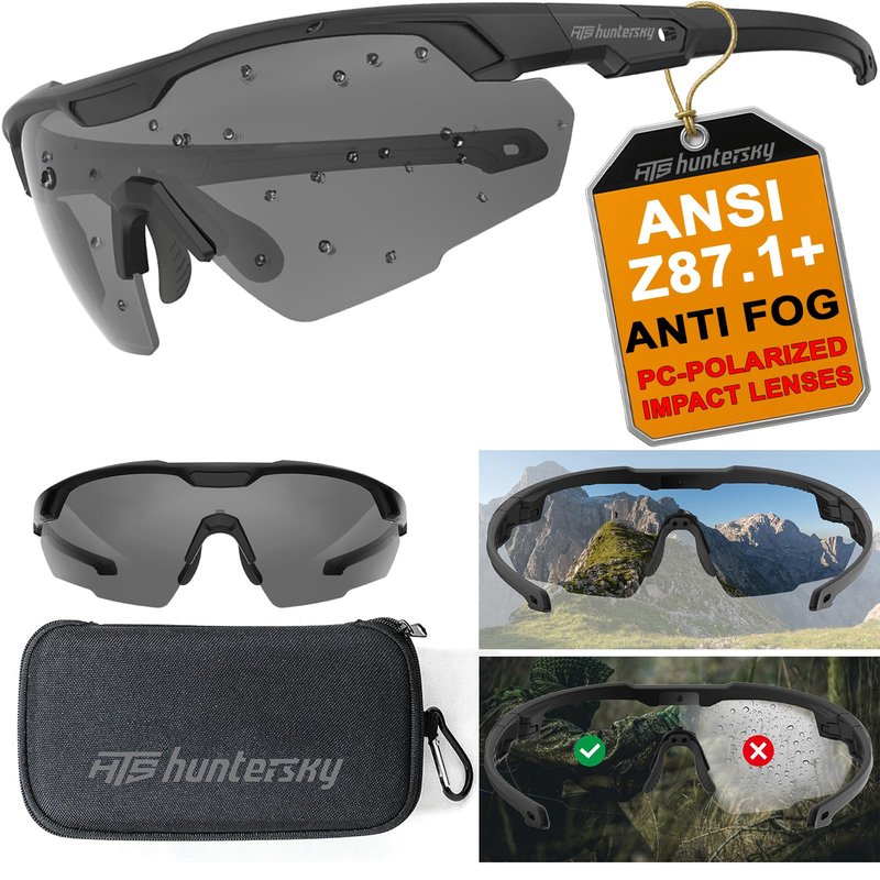 HTS HUNTERSKY S59 Smoke Grey Ballistic Tactical Shooting Glasses ANSI Z87+ Polarized Anti-Fog UV400 Eyewear for Airsoft Range Security and Outdoor Sports, for Men and Women
