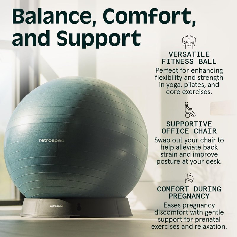Retrospec Luna Exercise Ball - 55, 65, or 75cm Yoga Ball for Workouts, Stability, Pregnancy - Swish Balance Ball w/Pump & Base for Office & Home Gym, 65cm, Black
