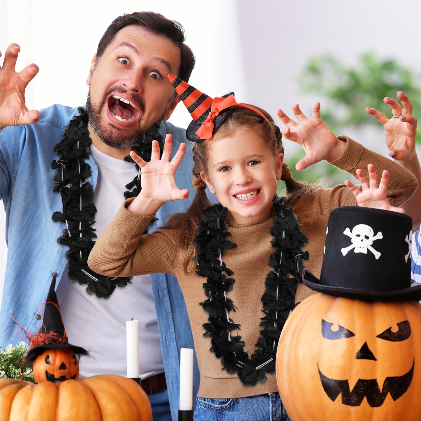 24pcs Halloween Leis Decor, Halloween Black Leis Bulk Accessories Silk Flower Necklace, Black Hawaiian Bulk Hula Dance Party Decor, Flower Leis Trick or Treating Activities Favors Supplies