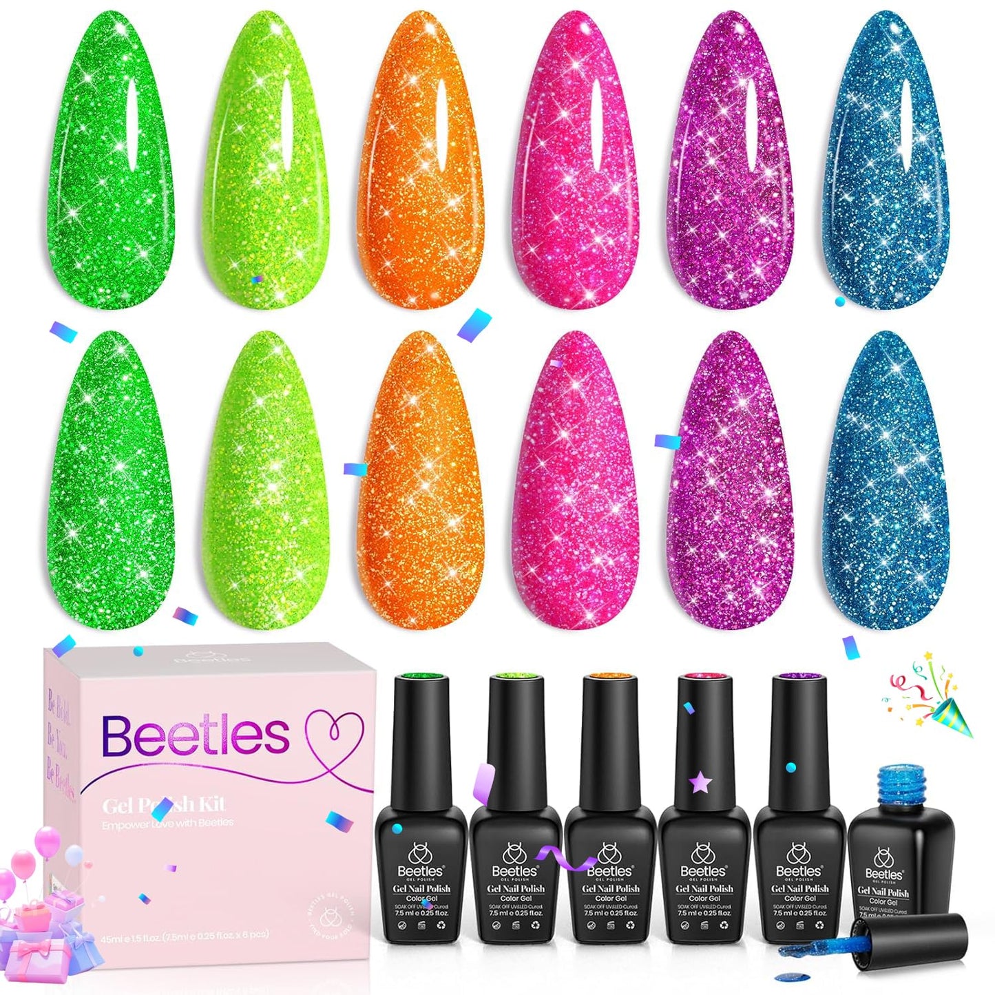 Beetles Glitter Gel Polish Set, 6 Colors Reflective Glitter Nail Polish Set Nails Gel Blue Hot Pink Purple Soak Off Uv Led Sparkly bright Colors Halloween Nail Polish Kit Gift for Women