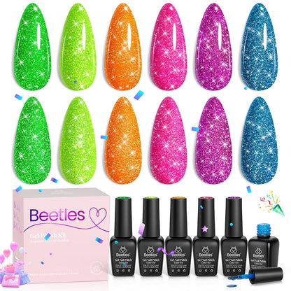 Beetles Glitter Gel Polish Set, 6 Colors Reflective Glitter Nail Polish Set Nails Gel Blue Hot Pink Purple Soak Off Uv Led Sparkly bright Colors Halloween Nail Polish Kit Gift for Women