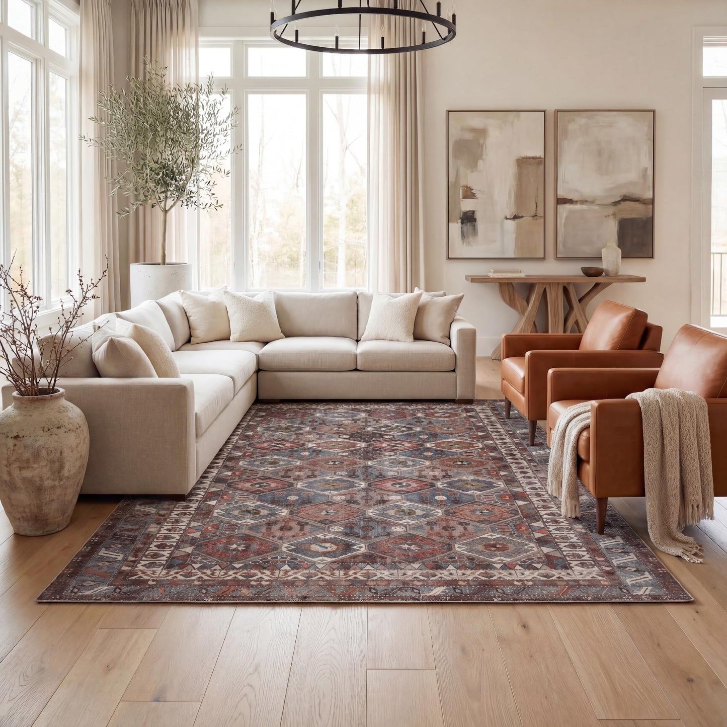 Kuden 6x9 Area Rug, Machine Washable Area Rug with Non-Slip Backing, Vintage Style, Soft, Easy Clean, Low Pile Rug for Living Room, Bedroom, Dining Room