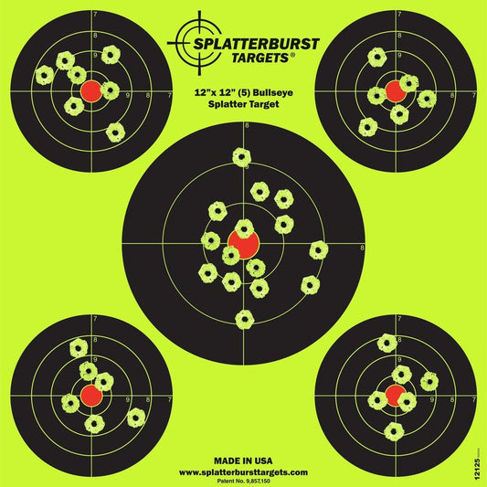Splatterburst Targets - 12 x12 inch (5) Bullseye Splatter Target - Easily See Your Shots Burst Bright Fluorescent Yellow Upon Impact - Made in USA (10 Pack)
