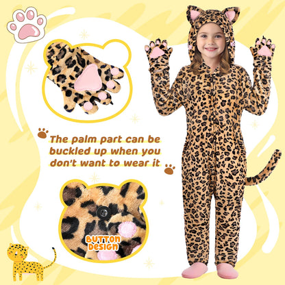 GIFTINBOX Leopard Costume Kids, Zip-Up Hooded Onesie Girls, Cat Costume for Girls Dress Up, Halloween Animal Costumes for Kids 5 6 7 8 9 10 11