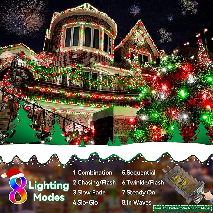 Heceltt Christmas Lights Outdoor, 125FT 350 LED String Lights 8 Modes and Timer Memory Function Twinkle Fairy Lights Waterproof Plug in for Xmas Tree Wedding Party Holiday Decor(Red Green and White)