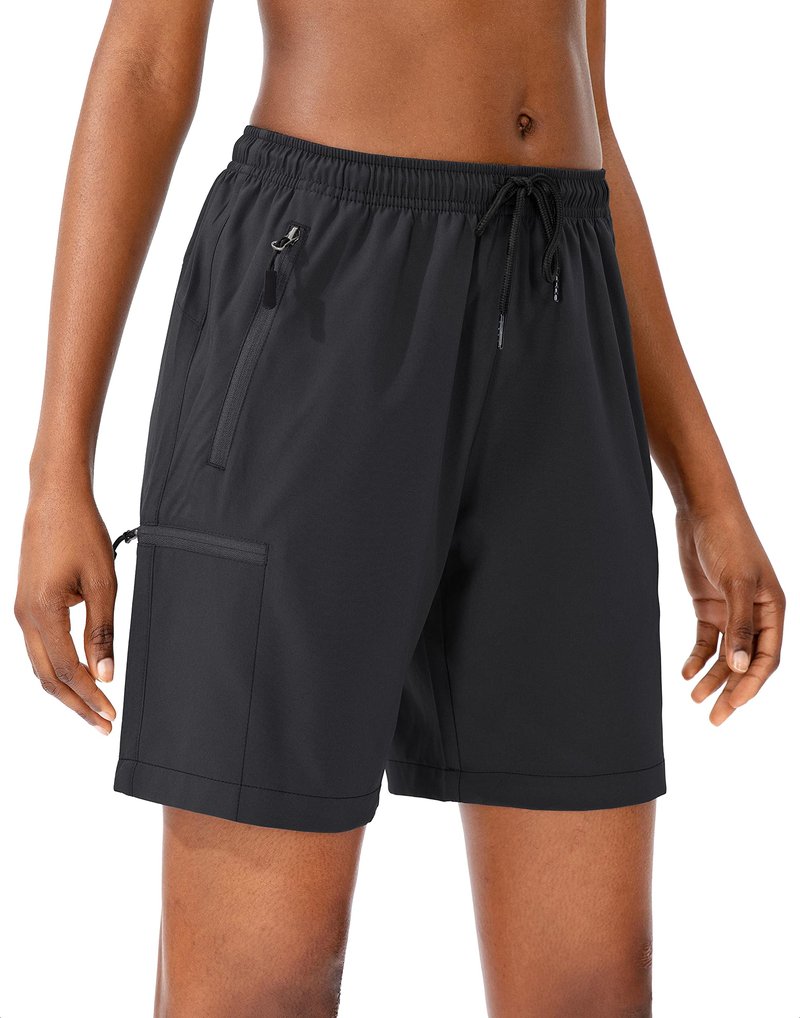 SANTINY Women's 5''/ 7''/9'' Hiking Cargo Shorts Quick Dry Lightweight Summer Shorts for Women Athletic Golf Zipper Pockets(Black_L)