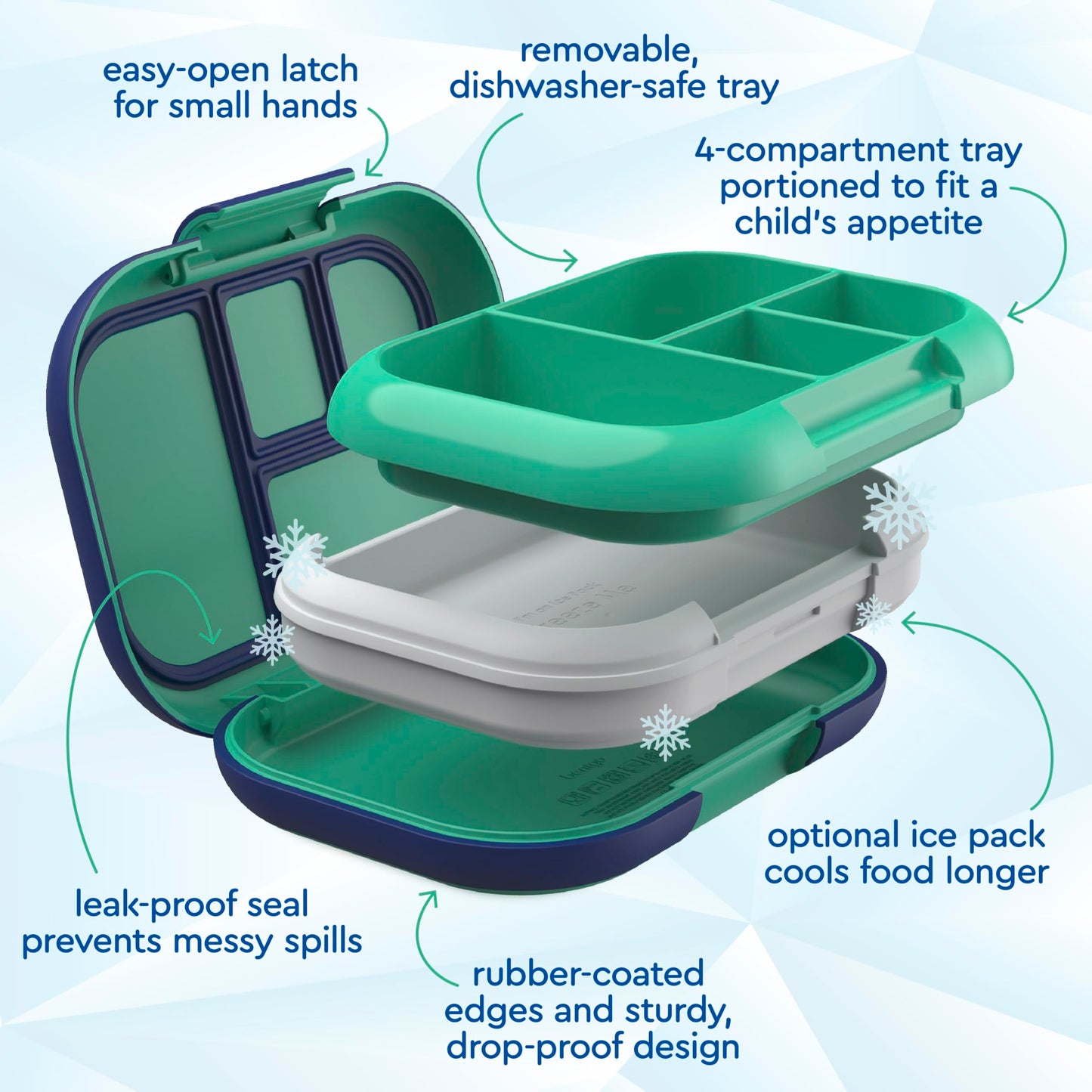 Bentgo Chill Kids Leak-Proof Lunch Box - 4-Compartment Bento Box with Built-In Ice Pack, 3.3 Cup Capacity, PFAS & BPA-Free, Microwave & Dishwasher Safe, Ideal Size for Ages 3 to 7 (Green/Navy)