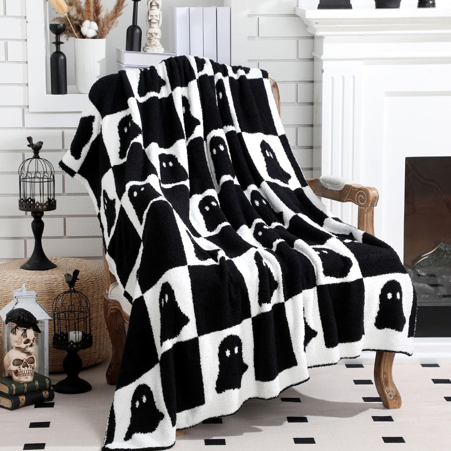 Buryeah Halloween Ghost Knit Throw Blanket, 50 x 60 Inch Spooky Ghost Reversible Knitted Throw Blanket, Cozy Lightweight Soft Gift for Couch Sofa Bed