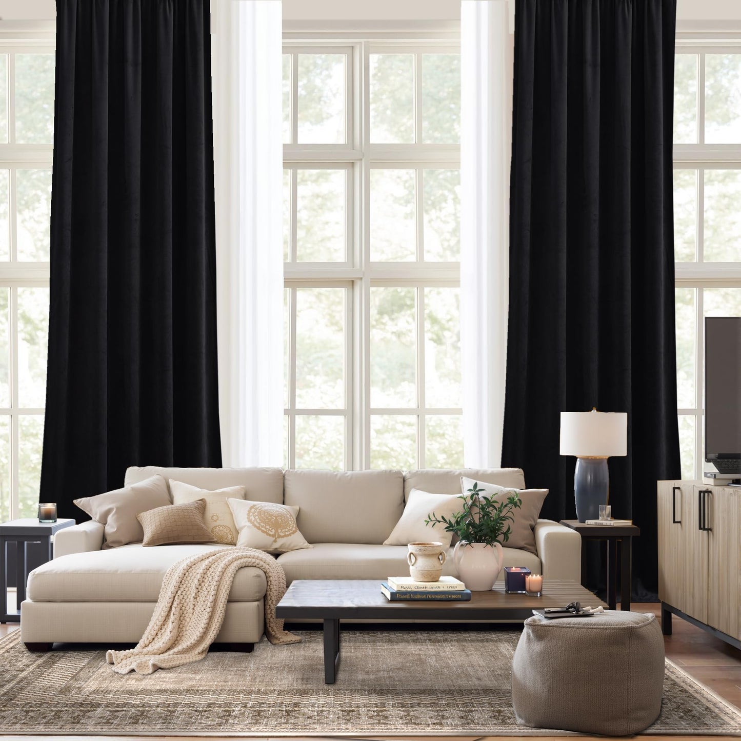 NICETOWN Halloween Black Velvet Blackout Curtains 96 inch Long for Bedroom and Living Room, Thermal Curtains Solid Heavy Rod Pocket Drapes/Window Treatments for Hall, Theater (2 Pieces, 52 W)