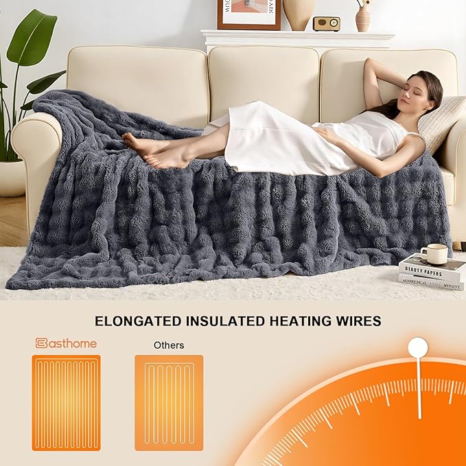 Heated Blanket Electric Throw Blanket 84''X 90''-Heating Blanket with 6 Heat Settings-10 Hours Auto Off,Cozy Faux Rabbit Fur Bubble Electric Blanket,Dark Gray
