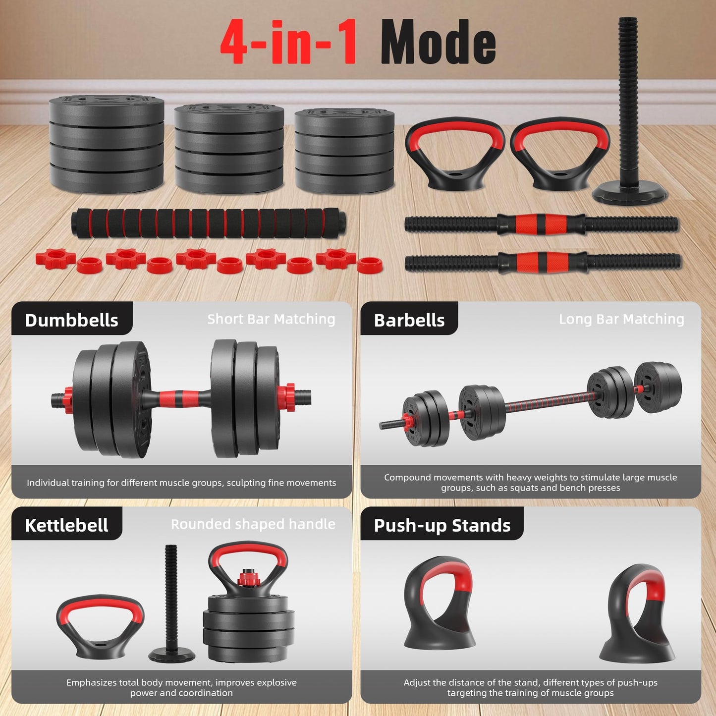 Fitvids Multi-Functional Portable Changeable Dumbbell and Barbell Kettlebell Set with Adjustable Weights, 40LBS or 60LBS Sets, 2-in-1 or 4-in1, Multiple Sizes