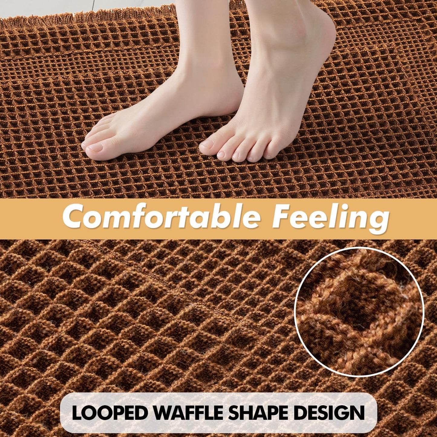 MIULEE Set of 2 Waffle Bathroom Rugs, Terracotta Boho Bath Rug Super Absorbent, Non Slip Washable Ultra Soft Rubber Backed Shower Bath Mats for Floor, Tub, Shower, Looped Design, Caramel, 18x30 Inch