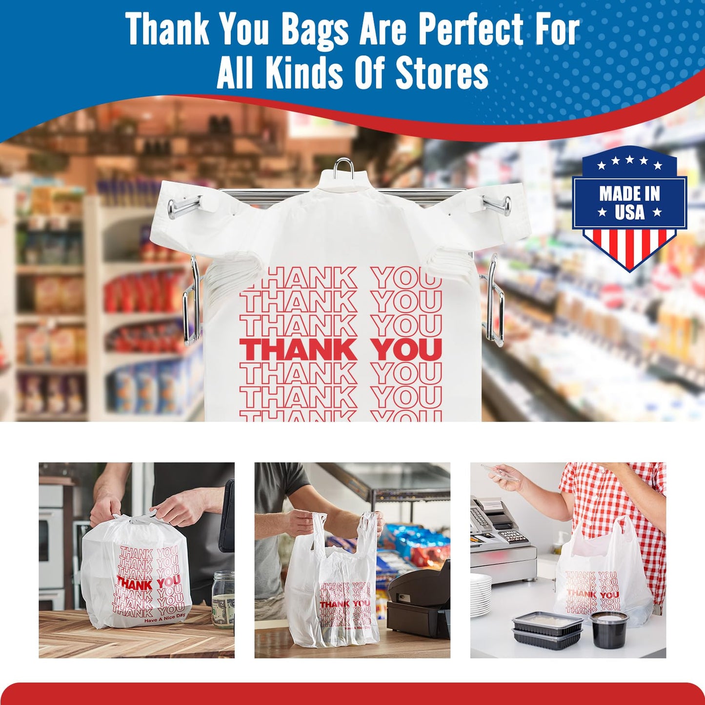 Fuxury 1000 Count Thank You Plastic Bags (12" x 6.5" x 21") White, T-shirt, Grocery, Take Out, To Go, Retail Shopping Bags in Bulk (Made in USA)