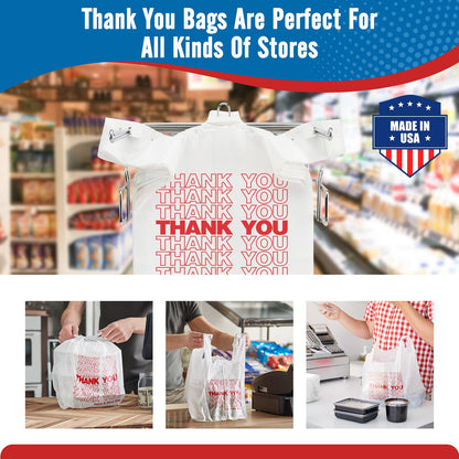 Fuxury 1000 Count Thank You Plastic Bags (12" x 6.5" x 21") White, T-shirt, Grocery, Take Out, To Go, Retail Shopping Bags in Bulk (Made in USA)