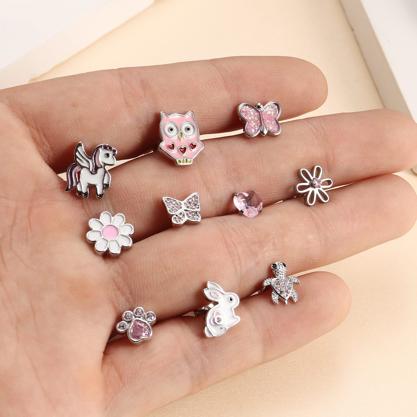 LOLIAS 10 Pairs Cute Screw Back Earrings for Women Girls Stainless Steel Multicolored Heart Flower Butterfly Rainbow CZ Stud Earrings Hypoallergenic Screwback Stud Earring