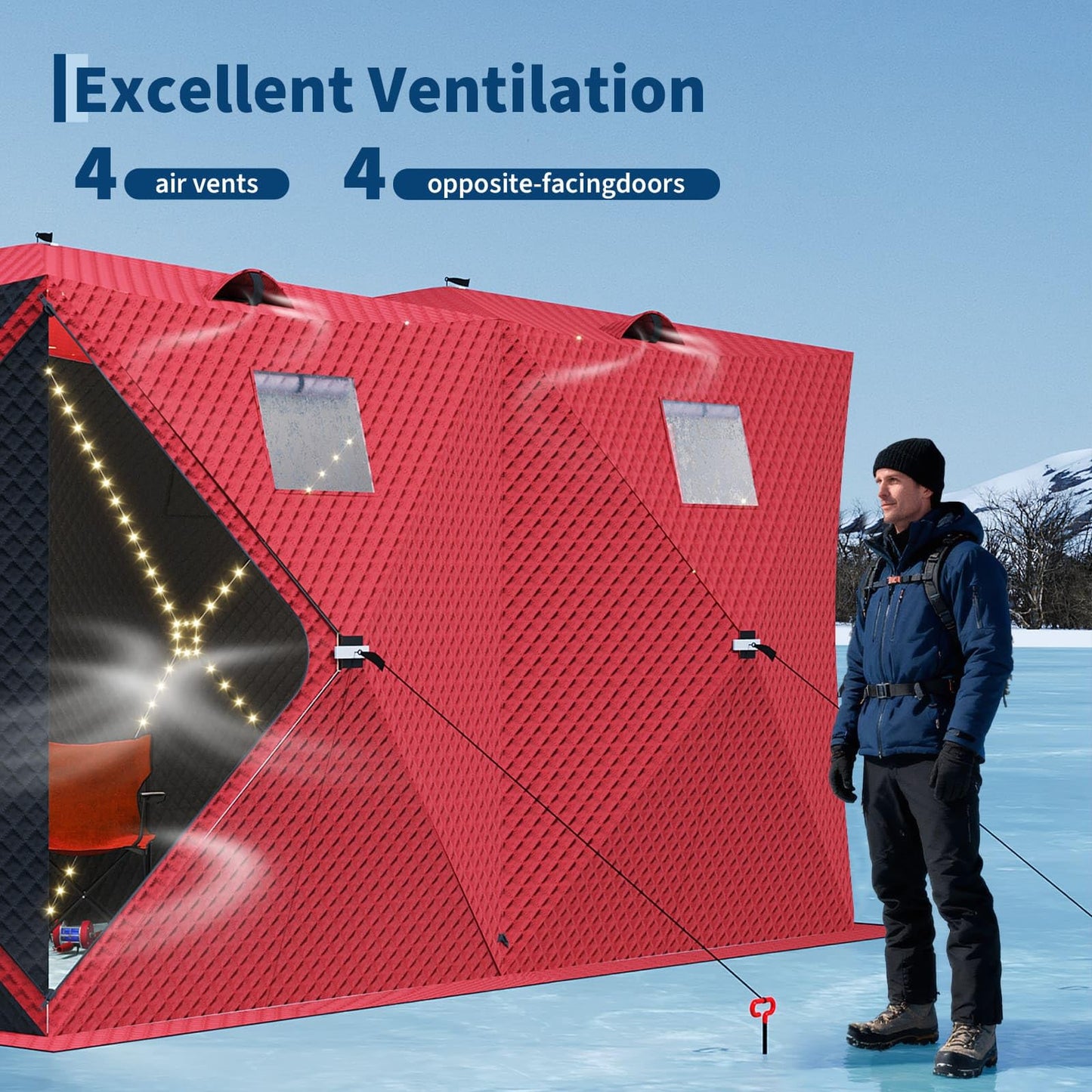 Garvee Pop Up Ice Fishing Shelter and Insulated Ice Fishing Tent with 49ft LED Light Strip, Windproof Portable Hub Design, Fits 3-4 People, 35 sq ft Fishable Area, Red+Black