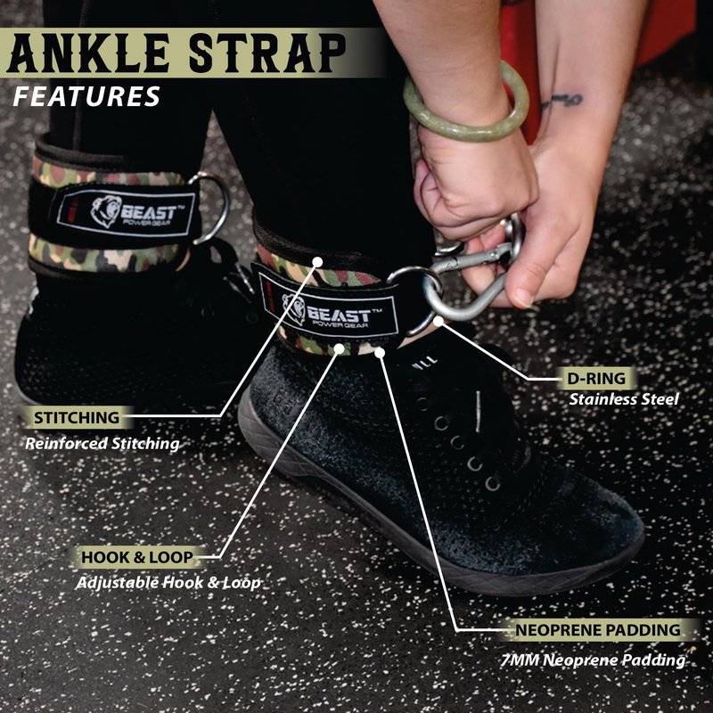 Beastpowergear Padded Ankle Strap for Cable Machine, Kickbacks, Glutes, Abs and Hip Workouts, Leg Extensions Adjustable Ankle Strap for Men Women (Camo, Pair)